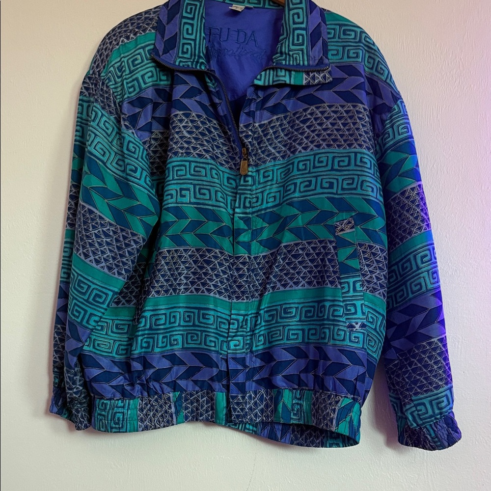 Vibrant Blue And Green Patterned Windbreaker - image 4